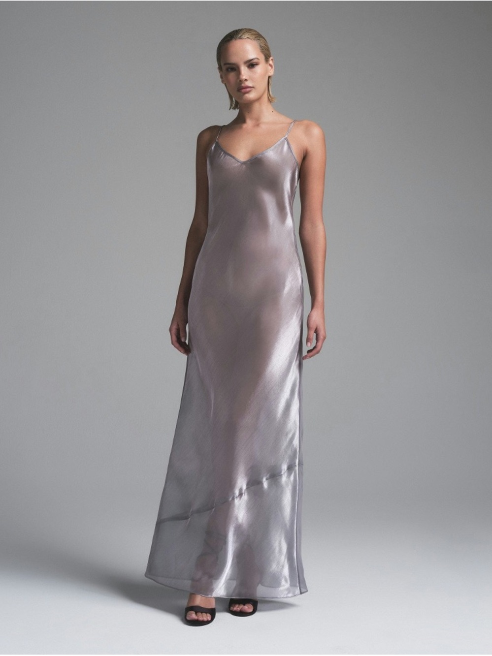 SKIMS Sheer Silver Slip Dress with Spaghetti Straps - Picture 5 of 8